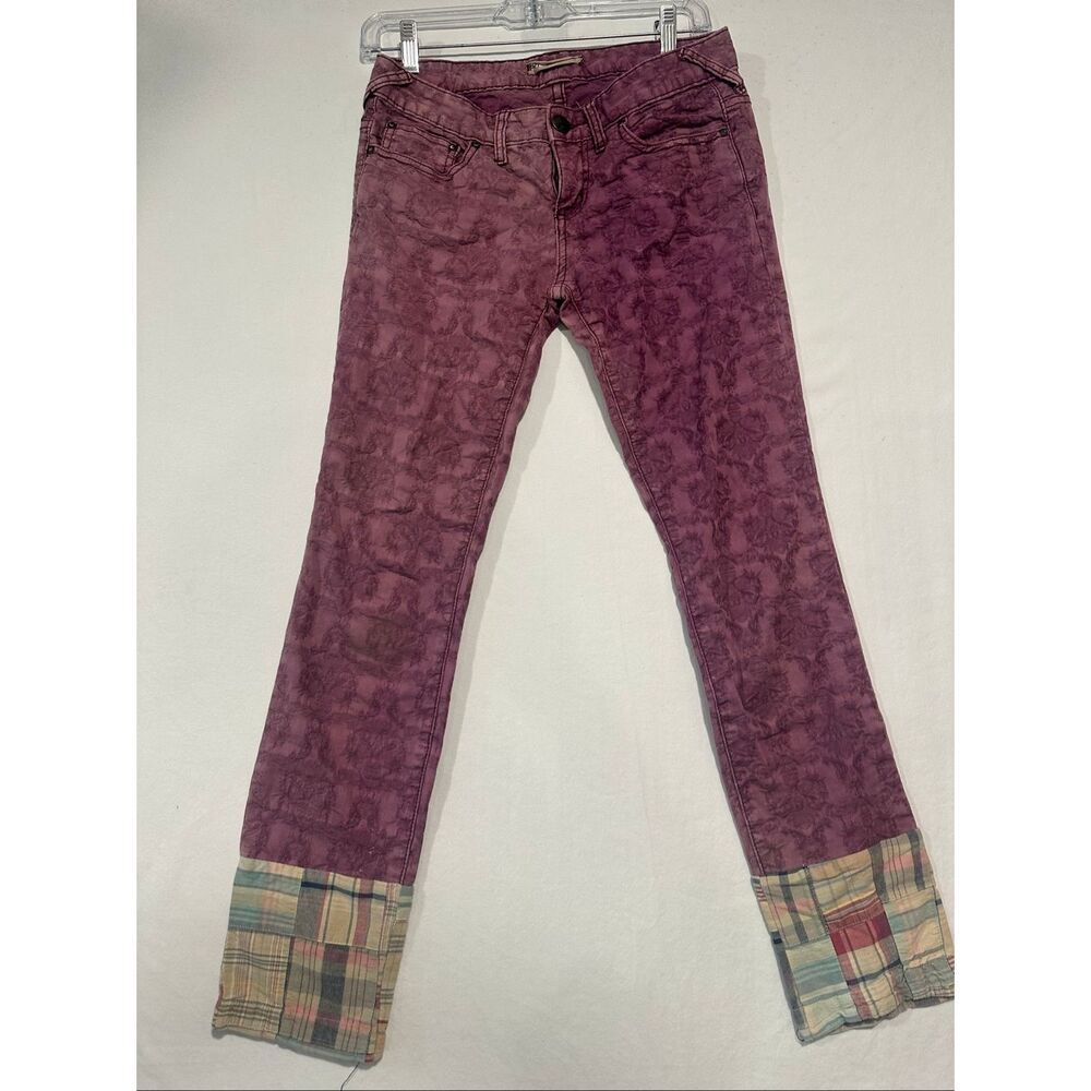 Free People W26 Purple Damask Jacquard Skinny Jeans Plaid Cuff Boho Pants